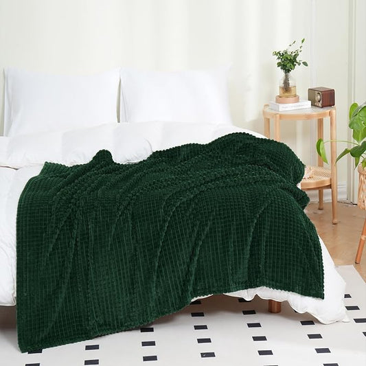 Puncuntex Fleece Throw Blanket Dark Green 90"×90" with Square Grid Design | Super Soft Plush Cozy Flannel Throw Blanket Luxury for Couch Sofa Chair