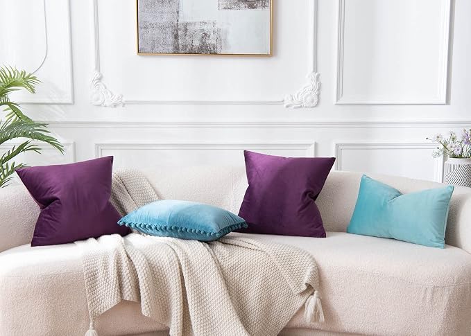 Throw Pillow Covers Set of 2 Velvet Cushion Covers 14x14,Eggplant Purple