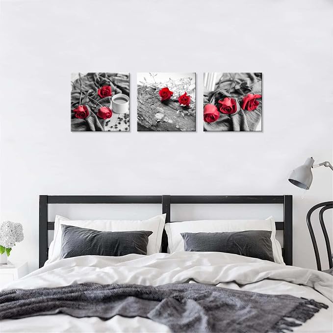 NAN Wind Canvas Print 3 Pcs Black and White Red Rose Canvas Art Painting Abstract Wall Art Decorations Flower Picture on Canvas for Home Decor Stretched and Framed (20X20inchX3pcs, B&w Rose)