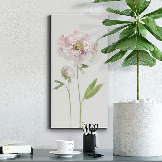 Renditions Gallery Canvas Floral Wall Art Home Paintings & Prints Single Stem Peony Rustic Romantic Botanical Modern Artwork Decorations for Bedroom Office Kitchen - 8"x16" LT43