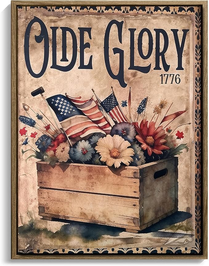 American Flag Framed Canvas Wall Art, 4th of July Patriotic Canvas Prints | 1776 American Flag Poster Print, Vintage Independence Day Wall Decor for Bedroom Living Room Dining Room Office 24×32in
