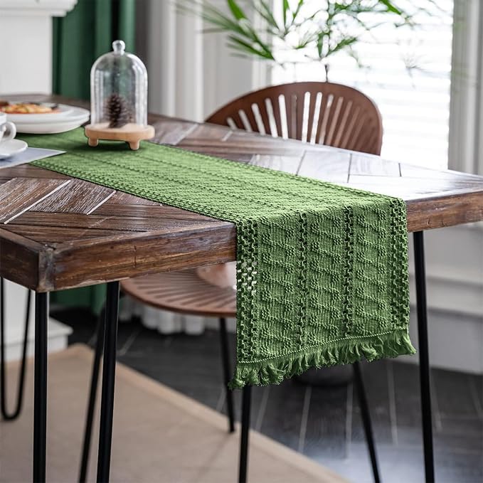 Macrame Table Runner Green Boho Table Runners with Tassels 12x48in | Alynsehom Hand Woven Cotton Table Runner Rustic Farmhouse Table Runners for Bohemian Kitchen Dining Table