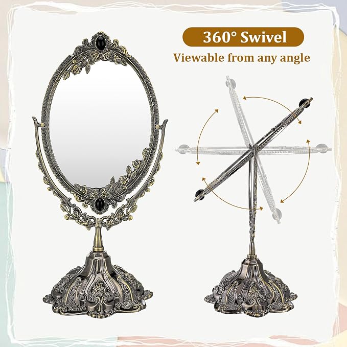 Vintage Double Side Makeup Mirror Floral Tabletop Oval Vanity Swivel Double-Sided-Mirror Vintage Swivel Double Sided Cosmetic Mirror with Stand for Dressing Room Bedroom (Bronze)