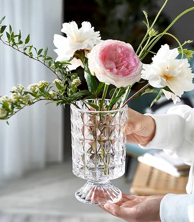 BLOFLO Embossed Glass Vase, 7'' Crystal Glass Vases for Flowers, Pedestal Big Base Glass Bouquet Vase, Hydroponic Glass Transparent Vase for Home Office Wedding Dining Table Party