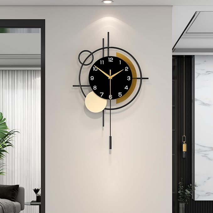 Wall Clock for Living Room Decor Modern Clock Pendulum Silent | Quartz Battery Operated Black Metal Decorative Large Clock for Dining Room,Kitchen,Home,Bathroom,Bedroom, Analog 13.8x21.3 in