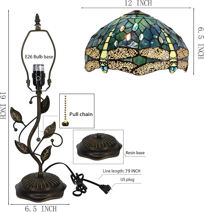 Tiffany Table Lamp Stained Glass Bedside Reading Light W12H19 inch