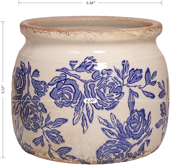 Chinoiserie Ceramic Plant Pot for Garden Decor, 6.3in Rustic Farmhouse Planter with Drainage Hole for House Plants, Blue and White Vase for Centerpiece, Kitchen & Office Decoration, Plant Lover Gifts