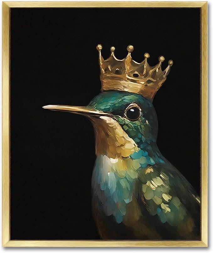 AIMAILON Gold Frame Hummingbird Bird Crown, Modern Animal Bird Art 10x12 | with photo frame, golden frame, modern animal and bird art painting, bathroom decoration