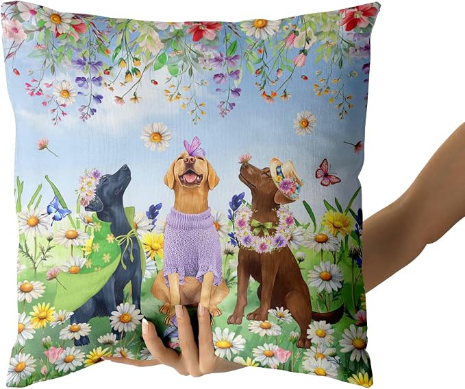 Giwawa 2PCs Spring Dogs Throw Pillow Covers, 20"x20" Colorful Wildflowers Funny Puppy Decorative Square Pillow Cases, Watercolor Floral Animal Cotton Cushion Covers Sofa Porch Bedding Decor