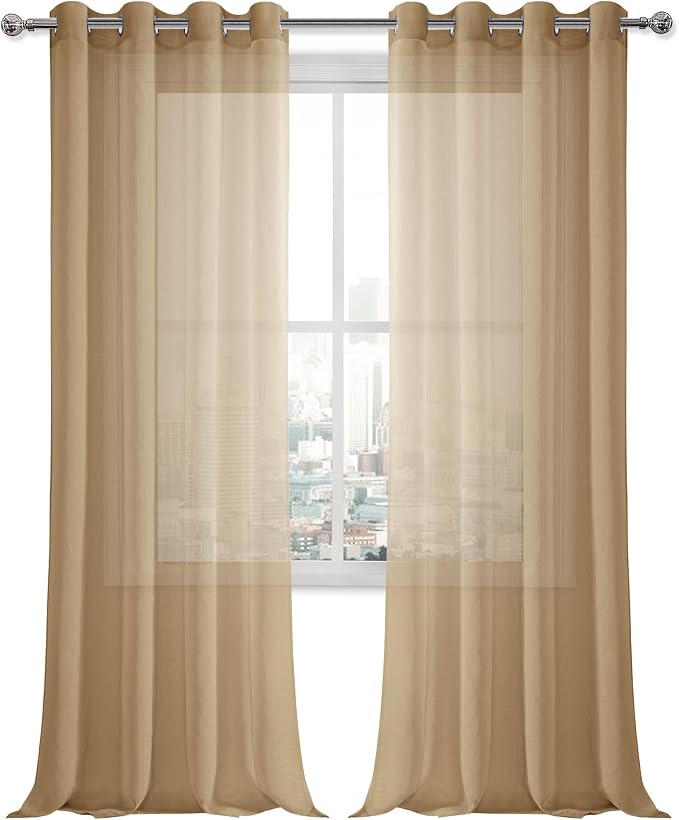 DWCN Taupe Sheer Curtains for Living Room Bedroom - Faux Linen Look Voile Drapes Grommet Top Window Curtain Panel 52 x 90 Inches Long, Set of 2 Panels