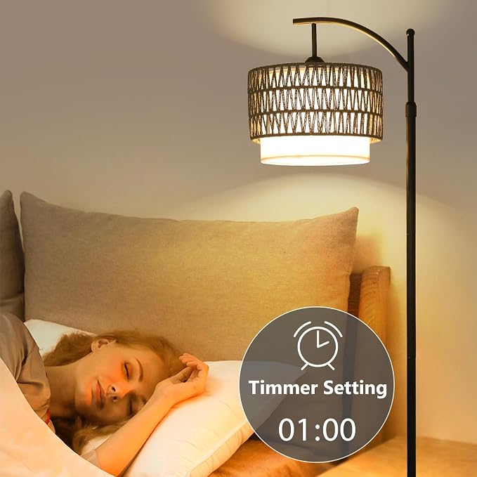 eyassi Floor Lamps for Living Room, Arc Standing Lamp with Remote & Dimmable Bulb, Boho Rattan Floor Lamp for Bedroom with 3 Color Temperatures, Farmhouse Tall Lamp, Height Adjustable Stand up Lamp