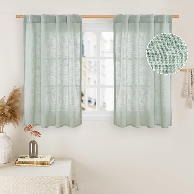 Short Linen Window Curtains 40 Inch Length 2 Panels, Light Sage | Semi Sheer, Light Filtering Panels, Neutral Drapes for Basement, Window, Loft Room, Rod Pocket Back Tab, 34 x 40 Inch