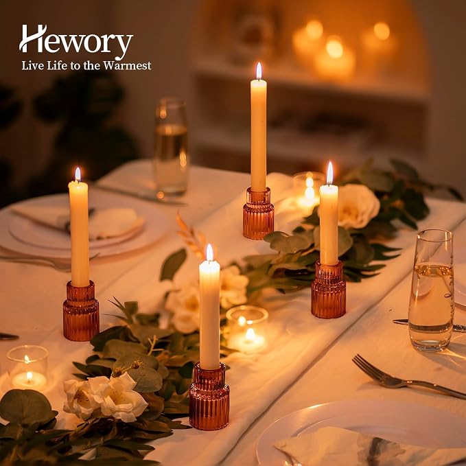 Hewory Glass Candlestick Holders Bulk, 10PCS Amber Taper Candle Holders | For 0.86" Taper Candles, Ribbed, Vintage Candle Sticks Holder Decor, Wedding Table Centerpiece Fall Thanksgiving Home Decor