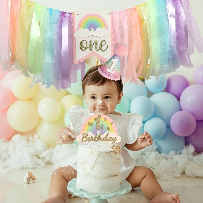 Macaron First Birthday Party Decorations Pastel Rainbow High Chair Banner Crown Cake Topper for Girl 1st Birthday Decor