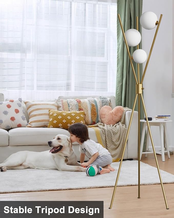 Lightdot Tripod Floor Lamp Stepless Dimmable Globe Modern Floor Lamp Gold Standing Lamps with Stable Base& 3PCS 3000K Bulbs Included Mid Century Floor Lamps for Living Room/Sofa Beside/Corner Decor