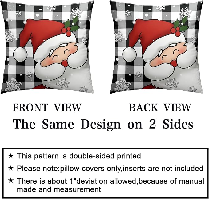 Xmas Santa Claus and Snowman Christmas Pillow Covers 16x16 Set of 2 Black and White Plaid Throw Pillow Covers Warm Soft Touch Cotton Blend Winter Pillows Cases for Bedroom Sofa