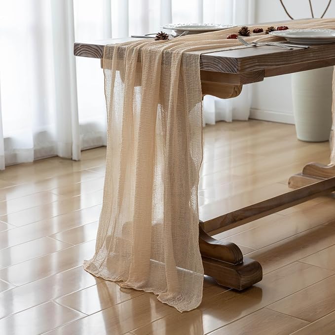 6Pcs Deep Beige Cheesecloth Table Runner 120 Inches for Party Home Decor | For Wedding Baby Shower Bridal Shower Birthday Engagement Party 10FT Rustic Boho Home Decorations