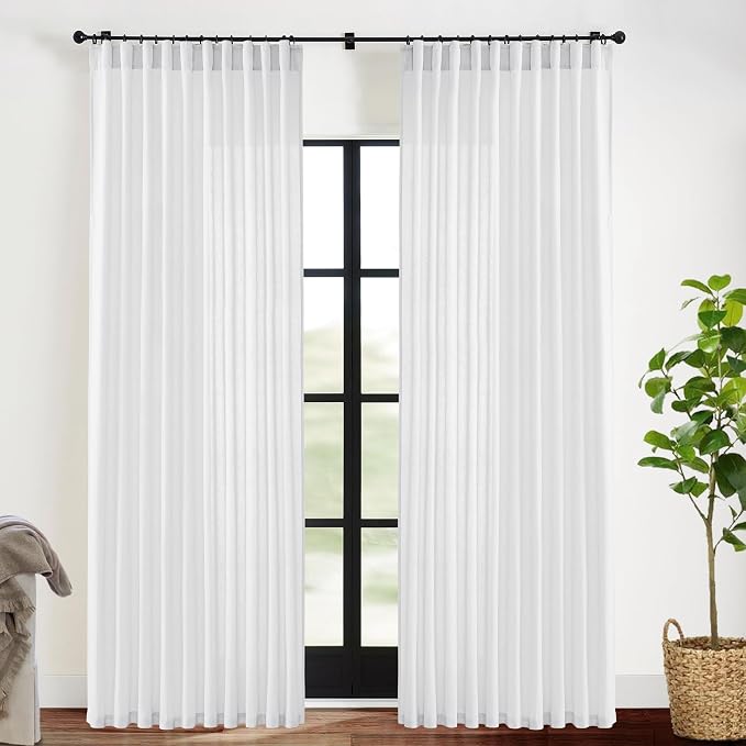 White Curtains 70 Inch Wide by 84 Long for 72 in Width Window,2 Panels Linen Cotton Back Tab Hooks Pleated Light Filtering Semi Privacy Extra Wide Sheer Curtains for Bedroom Living Room,70x84 Length