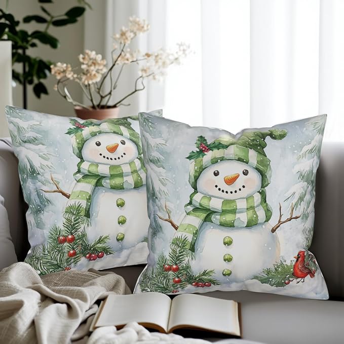 Set of 2 Winter Pillow Covers 24x24 Green Snowman Pine Tree Holly Berry Cardinal Bird Throw Pillow Covers Holiday Pillow Case for Home Decor Couch Sofa