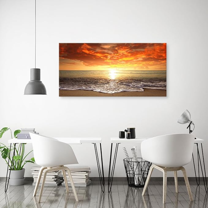 Baisuart-S0198 Canvas Prints Wall Art Sunset Ocean Beach Pictures Photo Paintings for Living Room Bedroom Home Decorations Modern Stretched and Framed Seascape Waves Landscape Giclee Artwork