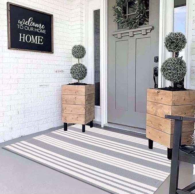 Grey and White Outdoor Rug 3'x 5'Cotton Washable Front Porch Mat Area Rug | Hand-Woven Door Mat Outdoor For Entryway Combined With Hello Welcome Mat