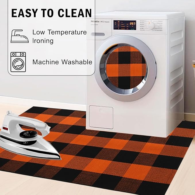 Buffalo Plaid Outdoor Rug 3x5 Ft Orange and Black Checkered Area Rug Halloween Washable Doormats Fall Indoor Outdoor Rugs for Layered Front Door Mats, Porch, Entryway, Kitchen, Farmhouse