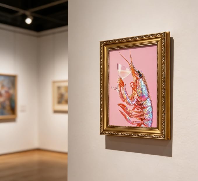 Vintage Gold Framed Bar Wall Art, Funny Pink Lobster With Martini Cocktail Canvas Print, Trendy Summer Coastal Beach Crayfish Painting Picture Poster Artwork for Kitchen Dining Room Restaurants