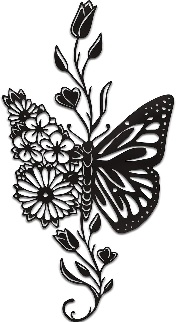 Rajukit Butterfly Flower Metal Wall Art Black for Living Room | Modernist bohemian style hanging ornament versatile for bathroom bedroom living room black finish butterfly flower design