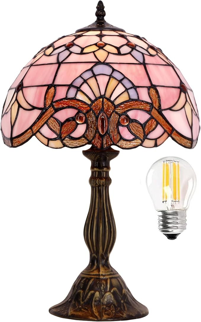 WERFACTORY Tiffany Lamp Bedside Pink Stained Glass Table Lamp 18 Inch Tall