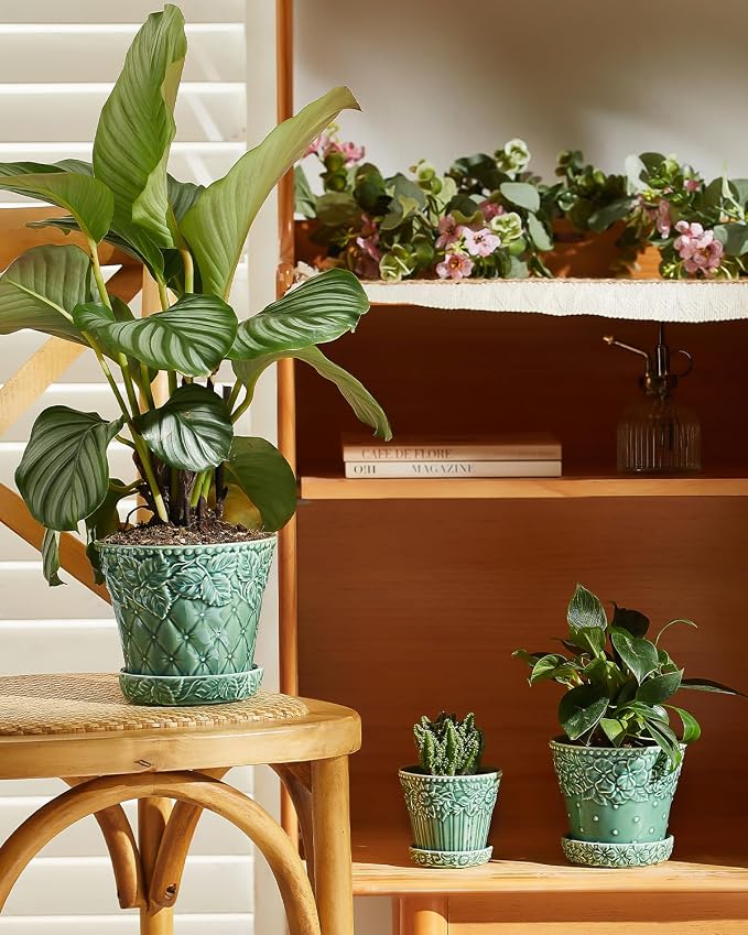 Metahom 4.9 Inch Ceramic Pots for Plants, Flower Pots Set of 4, Green Color
