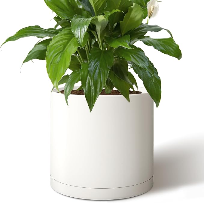 Giraffe Creation 14 Inch Cylinder Plant Pot, Modern Round Planter with Drainage Holes and Saucer, Durable Plastic Flower Pot for Indoor Outdoor Plants, White