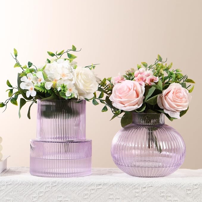 Ribbed Glass Vases, Set of 2 Fluted Vases for Flowers, Purple Glass Vase for Tulips, Modern Vase for Living Room, Kitchen, Office, Entryway, Mantle, Bookshelf, Wedding Gifts, Birthday