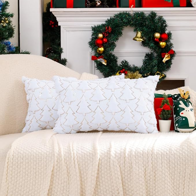 VAKADO 12x20 Set of 2 Christmas Throw Pillow Covers Embroidered Decorative Xmas Cushion Cases Holiday Soft Home Decor for Bedroom Sofa Chair Porch Winter, White