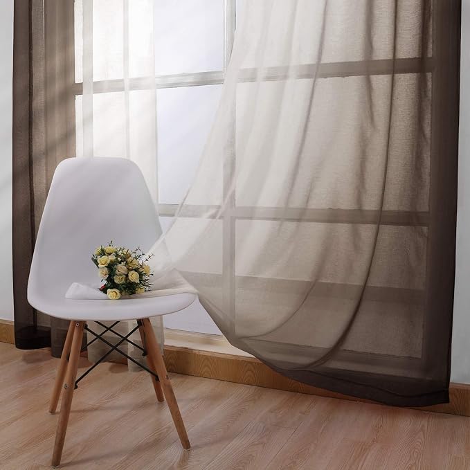 DWCN Ombre Sheer Curtains - Faux Linen Semi Voile Grommet Top Gradient Curtains for Bedroom and Living Room, Set of 2 Window Curtain Panels, 52 x 54 Inch Length, Chocolate Brown