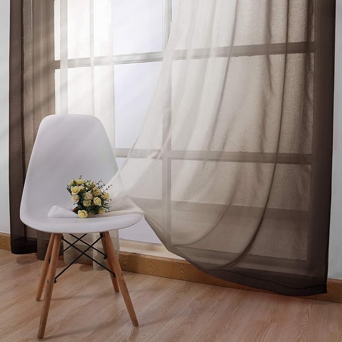 DWCN Faux Linen Ombre Sheer Curtains - Semi Voile Gradient Grommet Top Curtains for Bedroom and Living Room, Set of 2 Window Curtain Panels, 52 x 84 Inches Long, Chocolate Brown