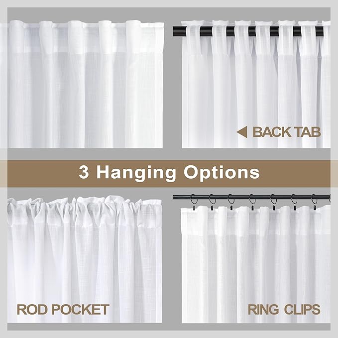 White Back Tab Curtains 45 Inch Length for Kitchen 2 Panels Set Pocket Light Reducing Semi Sheer Cotton Look Casual Woven Textured Short Cafe Tier Curtains for Bathroom Bedroom Dining Room 52x45 Long