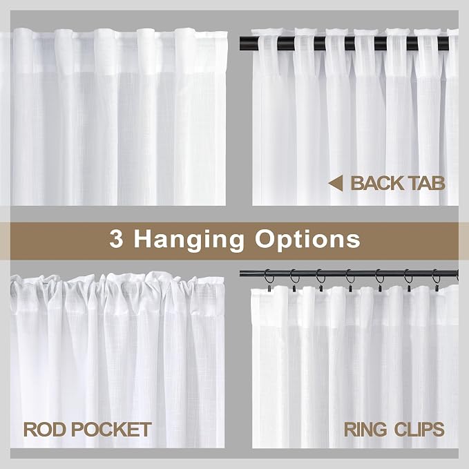 Pitalk White Curtains 86 Inches Long for Living Room 2 Panel Set Back Tab Light Filtering Privacy Semi Sheer Linen Pleat Curtain Rustic Farmhouse Boho Decor Cotton Textured Gauze Drapes 52 x 86 Length