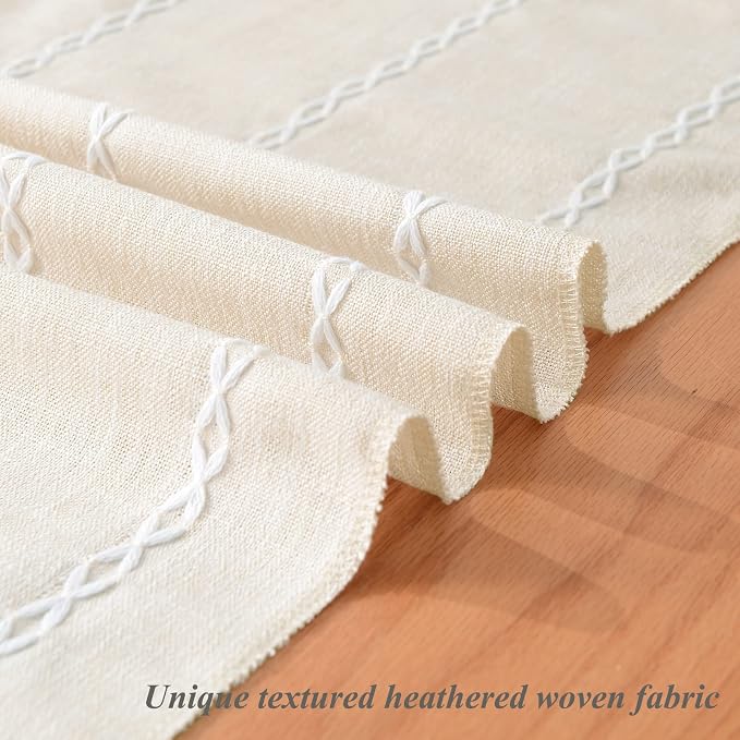Wracra Rustic Linen Table Runner, Ivory Table Runners 90 inches Long | Raised Embroidered Design and Hand-Tassels;Cotton Linen Woven Fabric; Farmhouse Table Runner;Home Kitchen Dining Decor
