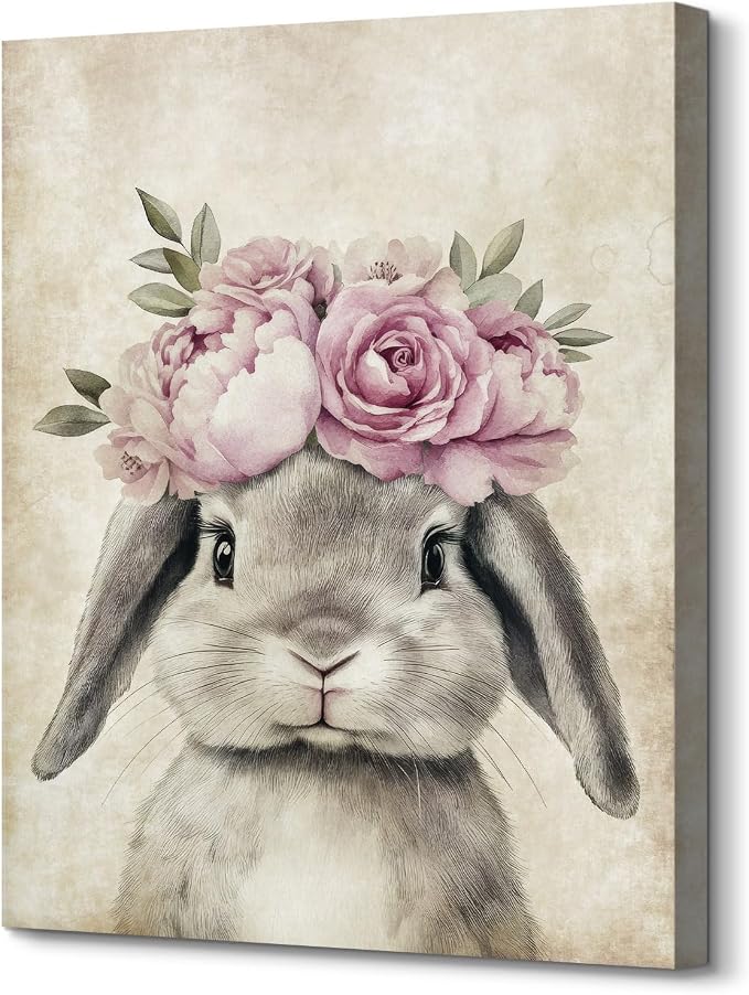 Easter Bunny with Floral Crown Canvas Wall Art Cute Rabbit Poster Prints for Baby Room Lovely Furry Animal Portrait Pictures Artwork Retro Framed Painting for Nursery Corridor Bedroom Decor 12"x16"