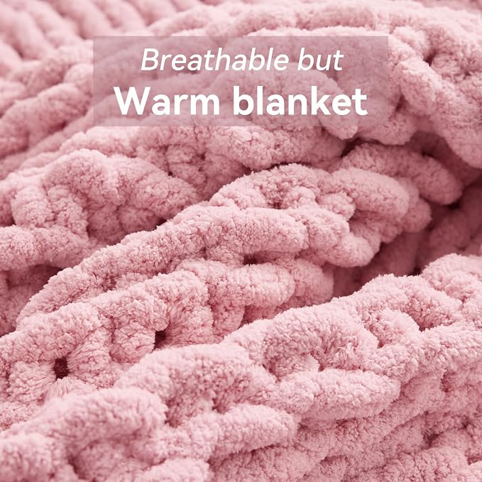 Negwoo Chunky Knit Throw Blanket, Knitted Throw Chenille Yarn, 40"*50" | Soft Thick Cable Knitted Blankets, Handmade Big Thick Blanket, Machine Washable Cute Comfy Blanket for Home Decor, Light pink