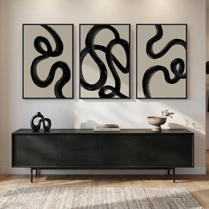 Large Framed Black and White Abstract Wall Art for Living Room, 24x36 In | 3 Piece Neutral Paintings, Canvas Prints, Modern Artwork, Minimalist Pictures, Bedroom Dining Room Hallway Office Wall Decor