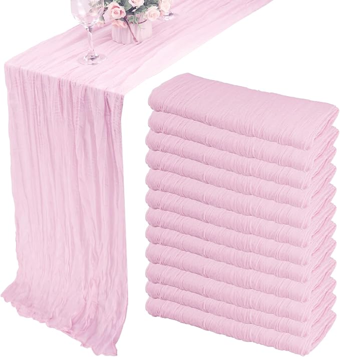 12 Pack 10Ft Cheesecloth Table Runner 35x120 Inch Boho Gauze Table Runner Rustic Cheese Cloth Long Romantic Table Runners for Wedding Bridal Shower Birthday Party Table Decor (Pink Purple)