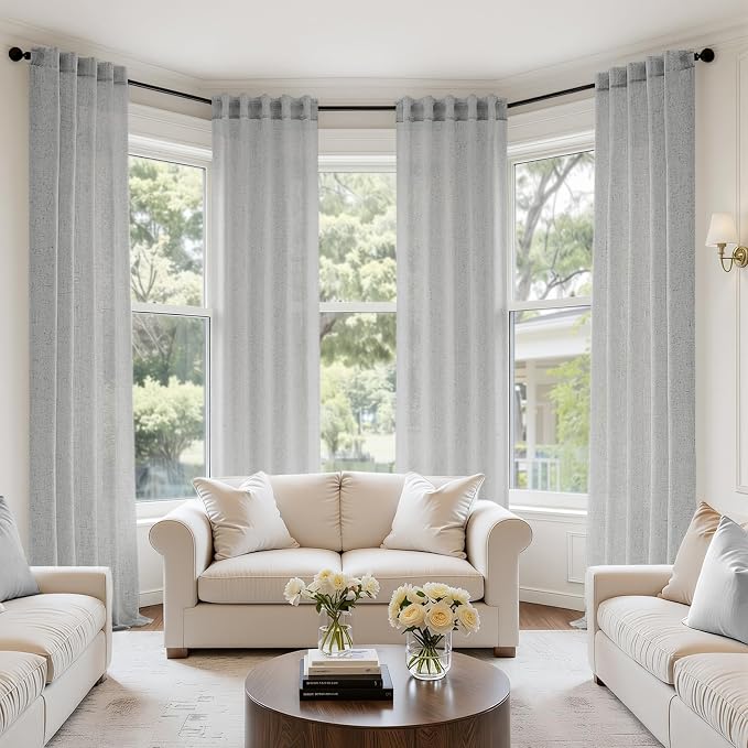MIULEE Gray Back Tab Linen Curtains 4 Panels 42W x 90L | Linen material, light filtering, rod pocket back tab hanging, farmhouse decor for living room bedroom