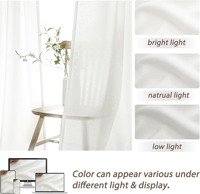PleatedDrapes White Linen 102 Inch Long Curtains for Bedroom, Pinch Pleat Lush Decor Soft Sheer Curtains 2 Panels Light Filtering Privacy Elegant Luxury Drapes Hooks Rings Back Tab for Office Sunroom