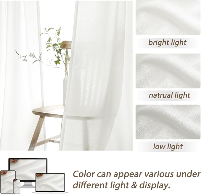 PleatedDrapes Light Filtering Pure White Curtains 84 Inches Long for Living Room, Modern Linen Blend Textured Sheer Memory Shape Trained Pleat Curtain Back Tab for Bedroom 2 Panel Set Window Drape 7FT
