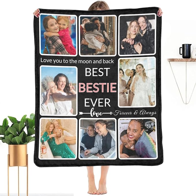 Gifts for Besties Customized Blanket with Photo, Make a Personalized Bestie Blankets with Picture, Custom Blanket Memories Souvenir for Best Bestie Ever, 8 Collage Made in USA