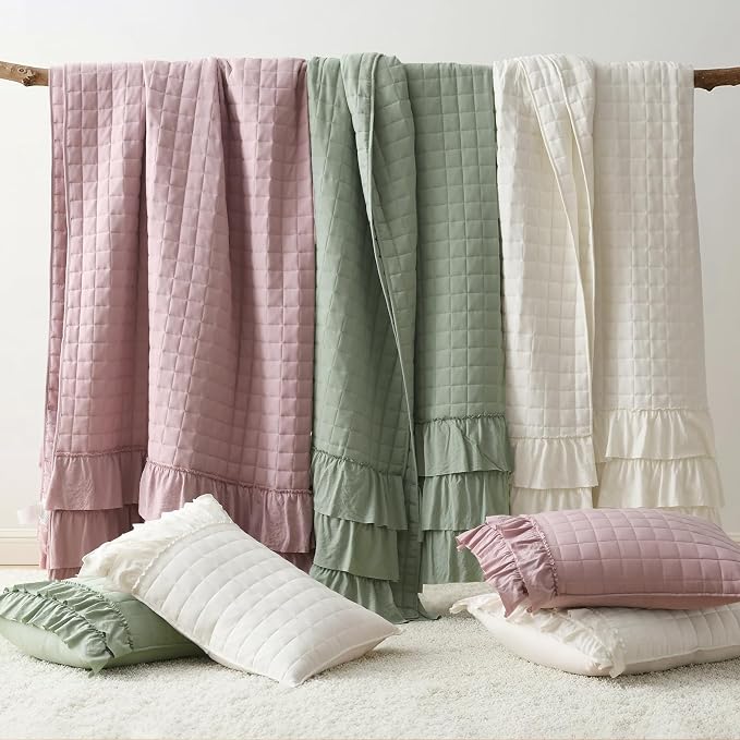 HORIMOTE HOME Dusty Pink Ruffled Quilt Set King Size, Classic Geometric Square Stitched Pattern, Pre-Washed Farmhouse Shabby Chic Microfiber Lightweight Bedding Set Bedspread Coverlet for All Season