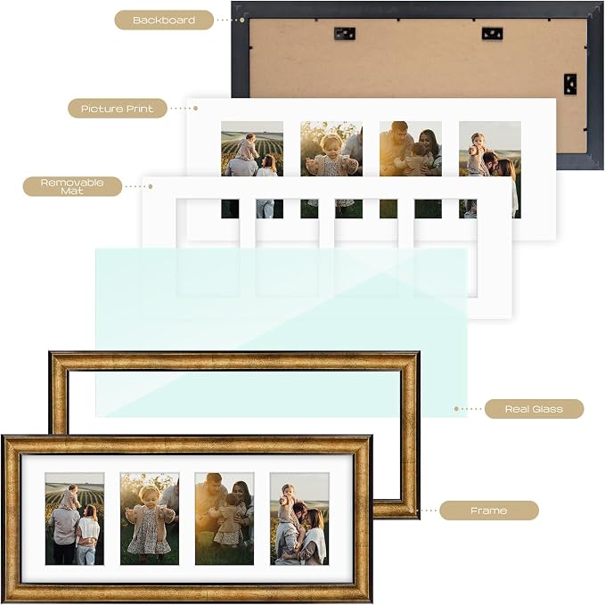 Golden State Art 8x20 Antique Gold Collage Frame Mat For (4) 4x6 Pictures