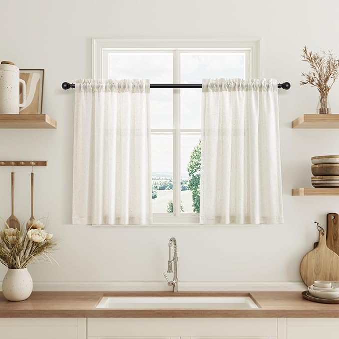 Linen Kitchen Curtains Tier 36 Inch Long for Cafe Rod Pocket Natural Cream Semi Sheer Curtain 2 Panel Light Filtering Half Window Drapes for Bathroom Basement Camper RV Beige Ivory 30x36