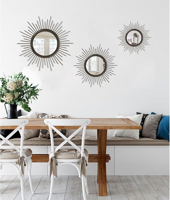 Large Sunburst Wall Mirror, Round Home Modern Metal Art Mirror for Bathroom Living Room Hallway Bedroom Balcony Farmhouse 24" x 24"